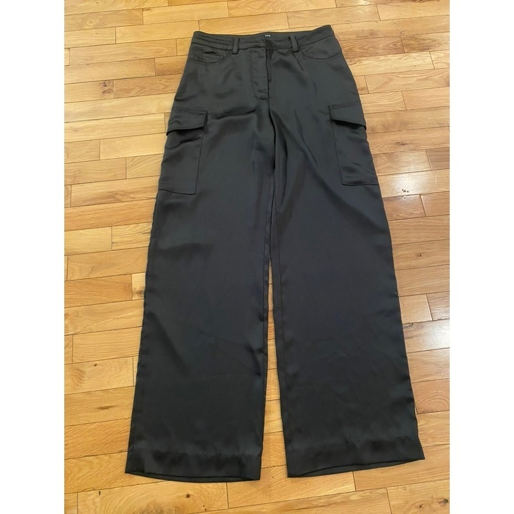 Generation Love Black Satin Wide Leg Cargo Pants Women Size 2 Utility Trousers